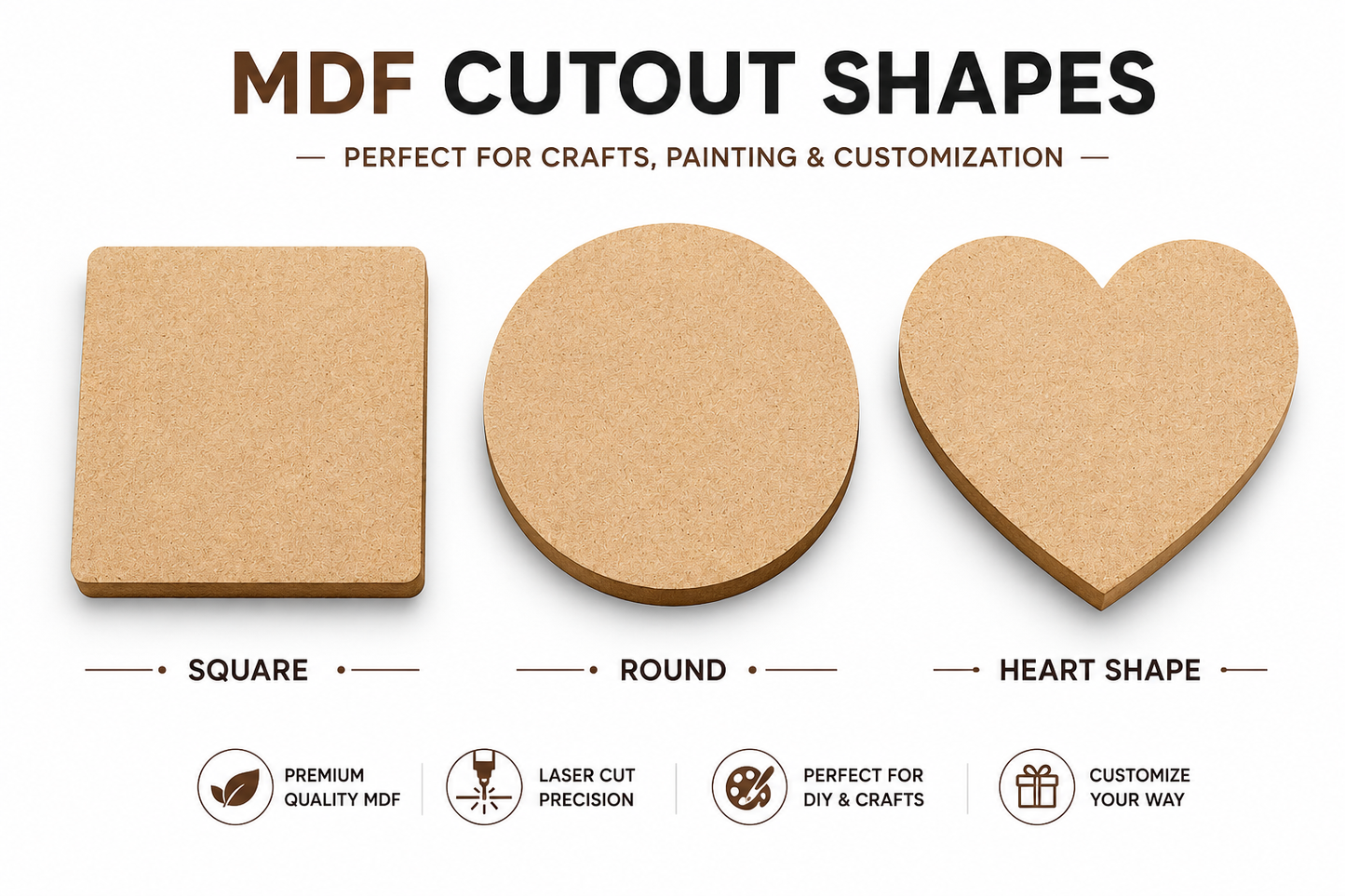 MDF Cutout | Square, Round & Heart Shape 3x3inch pack of 10